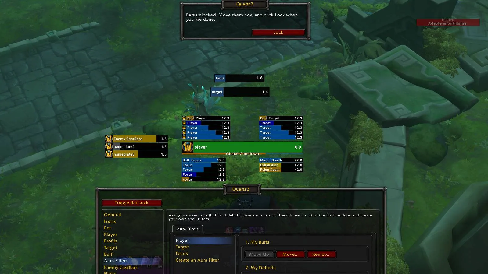 The Quartz3 options window and bar lock message with sample bars for focus, target, player, buffs, enemy cast bars, global cooldown and mirror timers