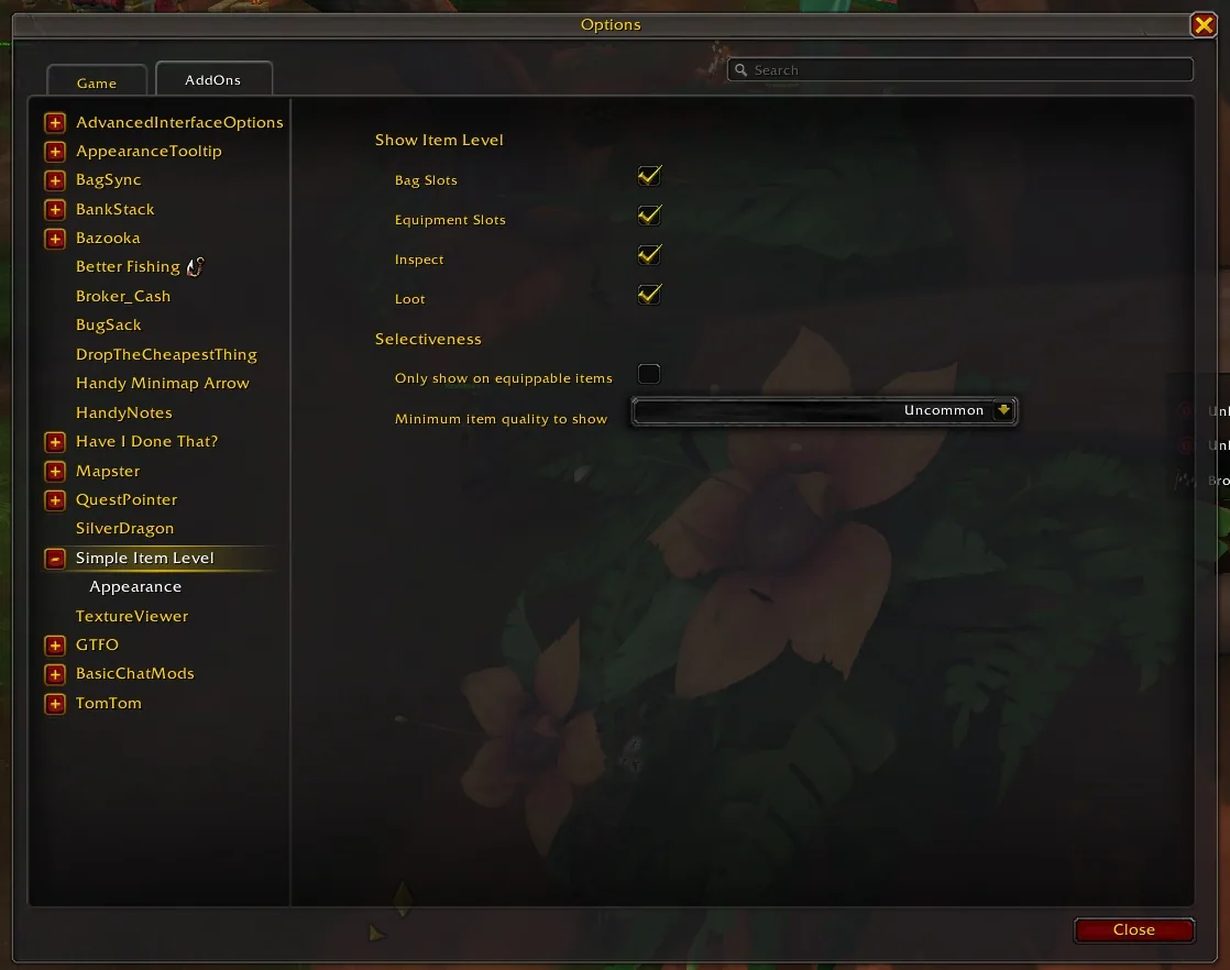The Simple Item Level options page with checkboxes for bag slots, equipment slots, inspect and loot, plus a minimum item quality dropdown
