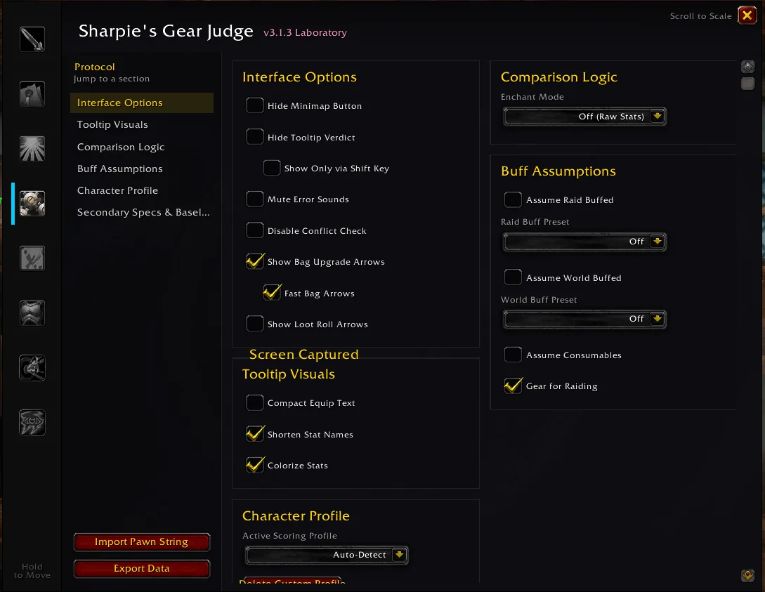The Protocol settings tab with interface options, tooltip visuals, comparison logic and buff assumption checkboxes
