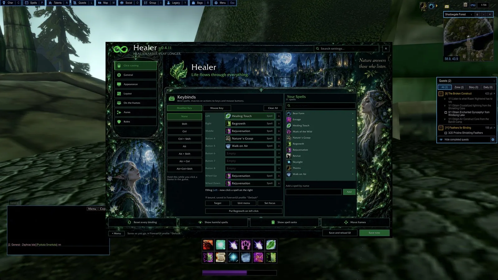 The Healer window with click-cast bindings and the spell list