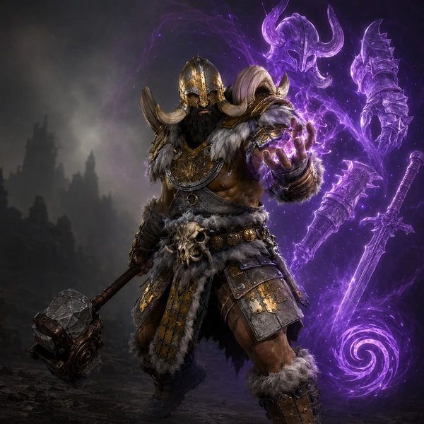 Armored Barbarian with purple skill effects in Diablo 4