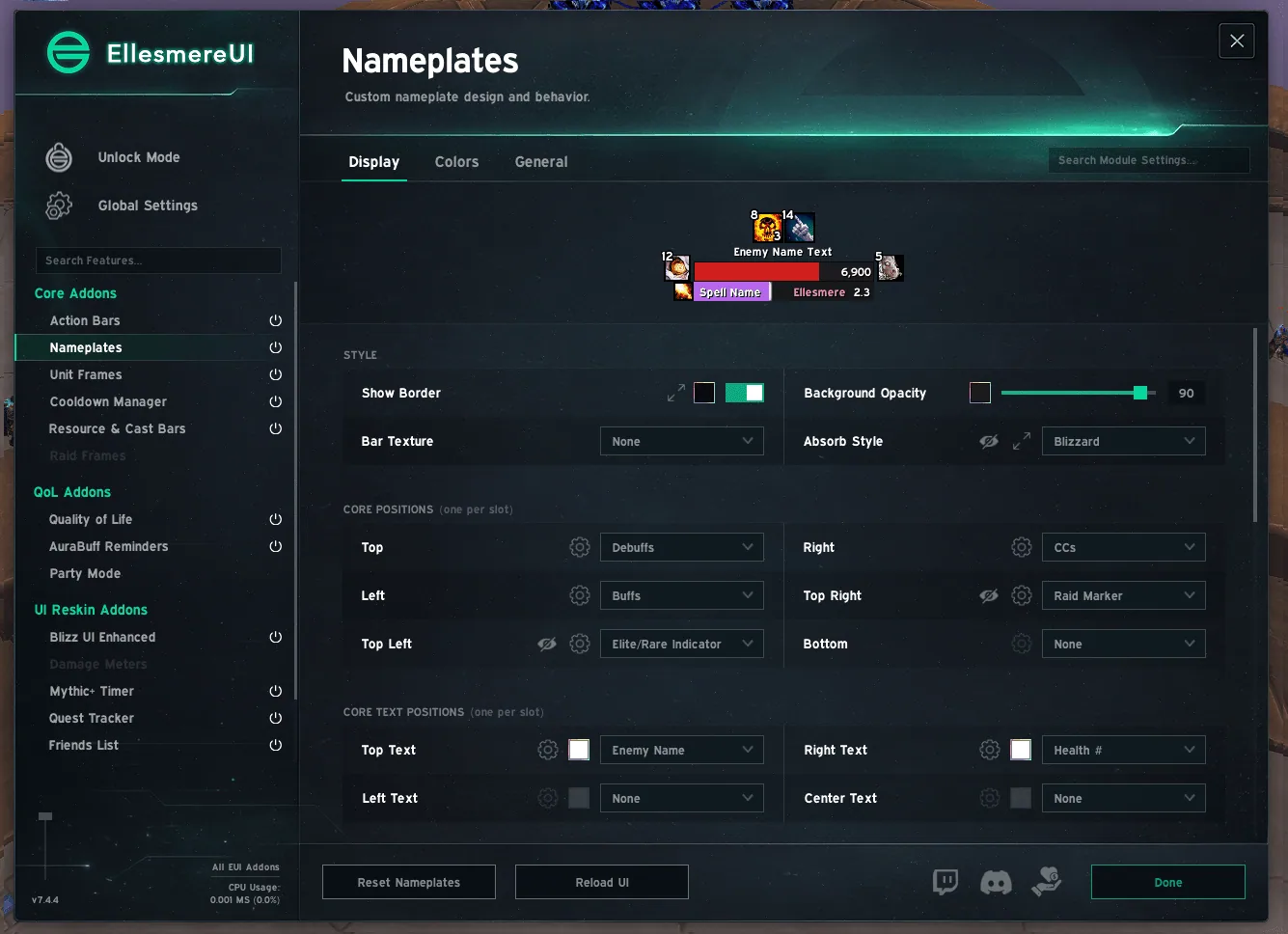 EllesmereUI settings window on the nameplate page