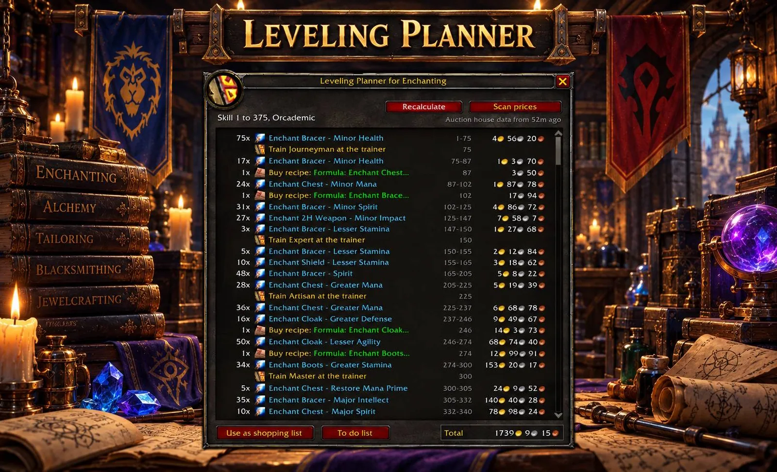 Leveling planner window for Enchanting with each step, its skill range, the cost and a total price