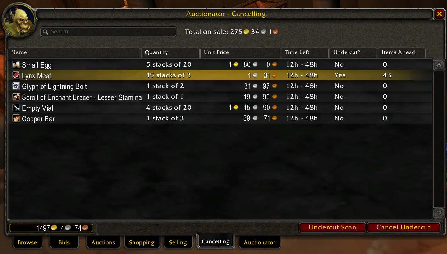 Auctionator Cancelling tab in Classic marking which of your auctions are undercut