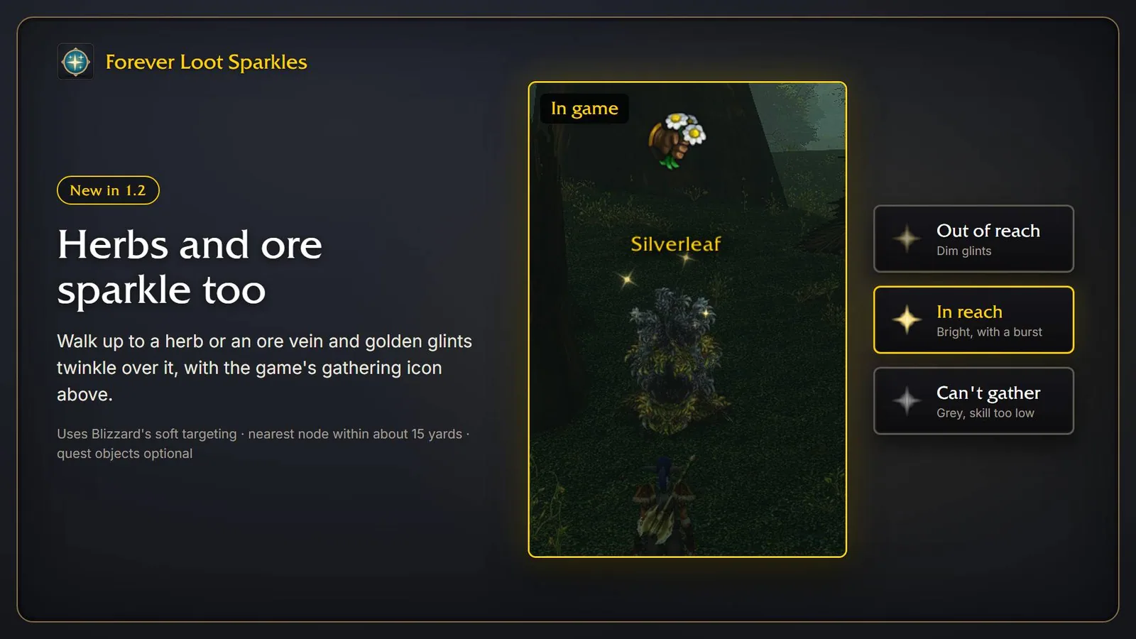 Golden glints and the gathering icon over a herb or ore node.