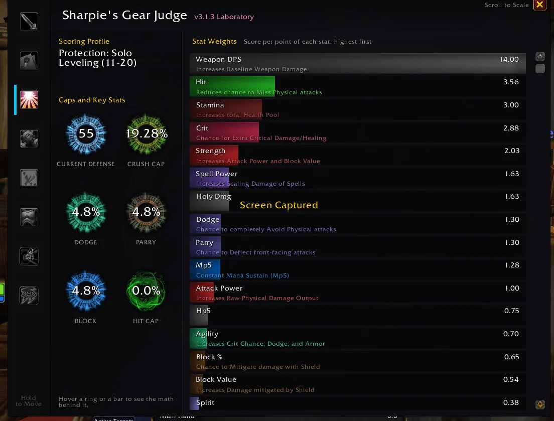 The Stat Logic tab with cap rings for defense, crush, dodge, parry, block and hit, and a ranked list of stat weight bars