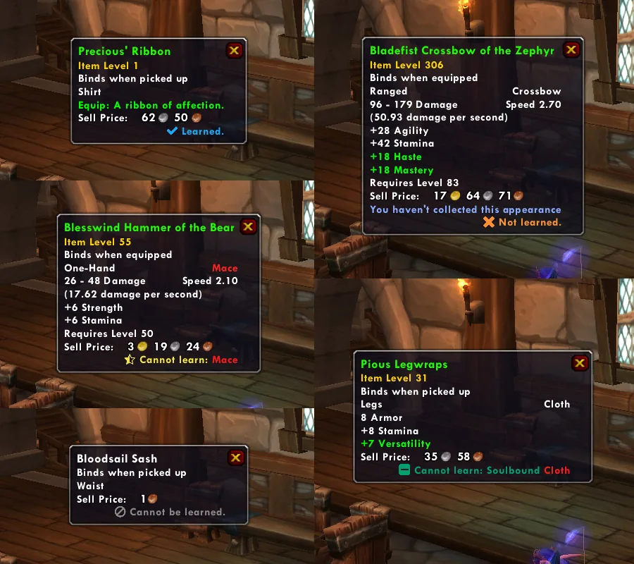 Six item tooltips, each ending in a line such as Learned, Not learned, Cannot learn or Cannot be learned