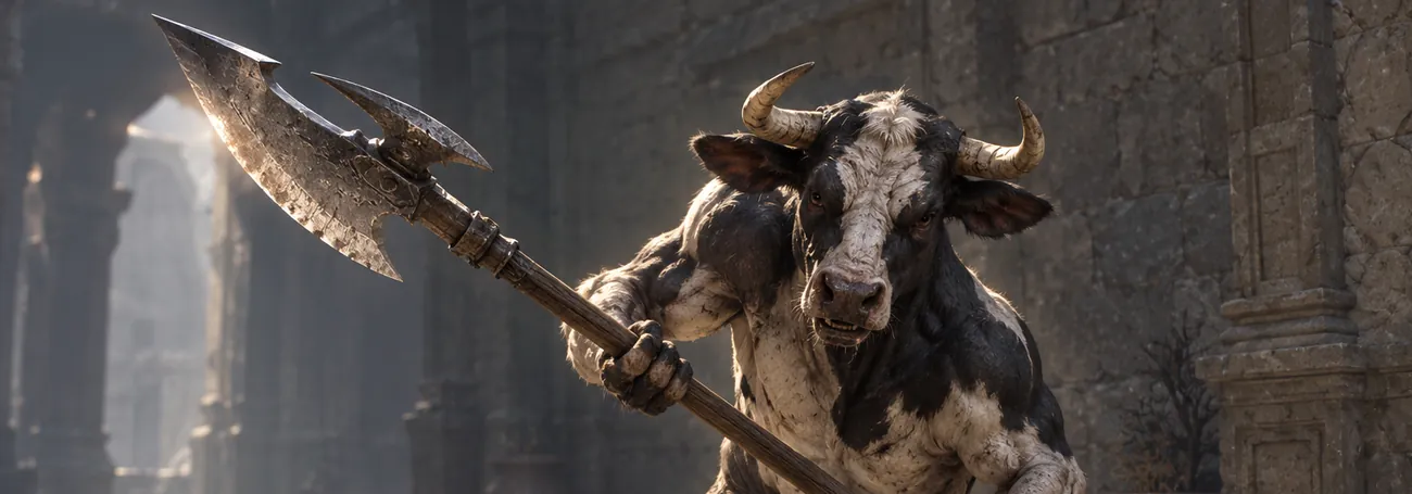 A hostile black-and-white cow warrior on two legs with a polearm in a grim stone courtyard, art for the Diablo 4 Secret Cow Level guide