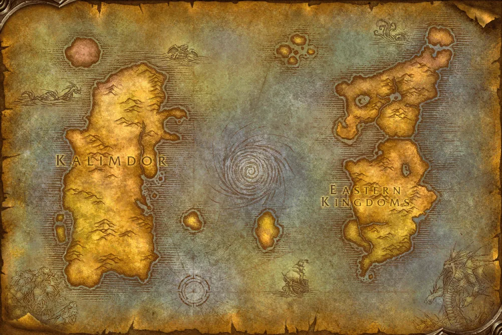 The world map of Kalimdor and the Eastern Kingdoms drawn in full parchment artwork.