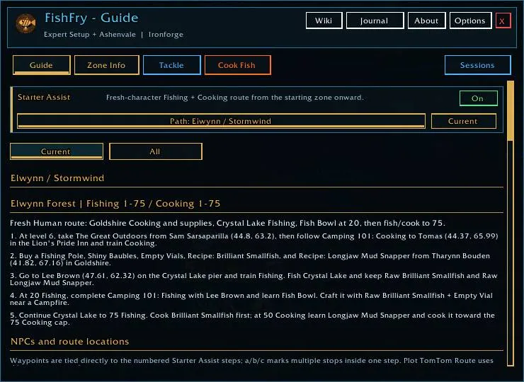 The FishFry Guide window with the Starter Assist route for a human character starting in Elwynn Forest