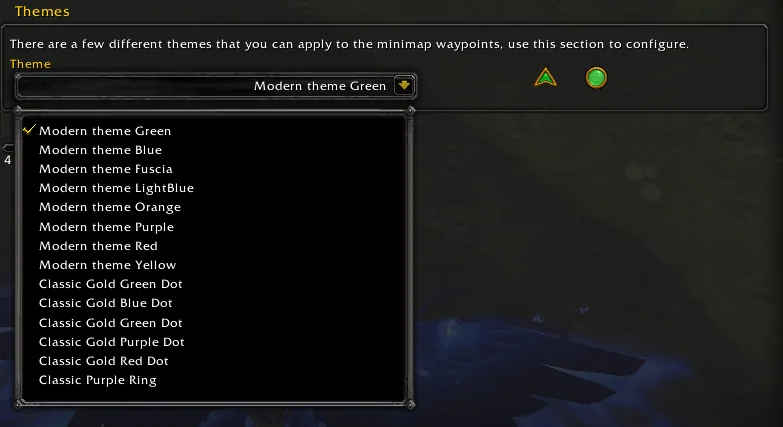 The TomTom themes setting with a dropdown list of modern and classic waypoint themes.