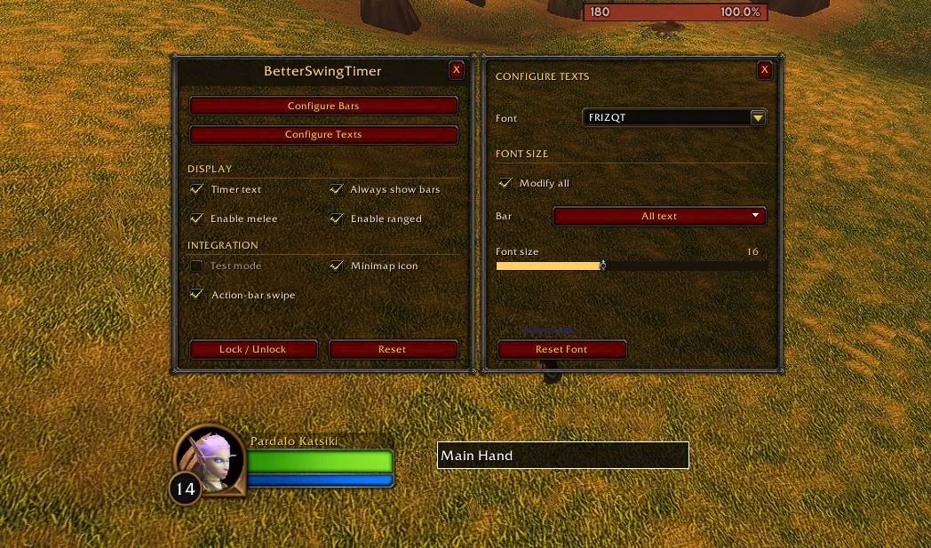 BetterSwingTimer settings window next to the Configure Texts panel with a font picker and a font size slider.