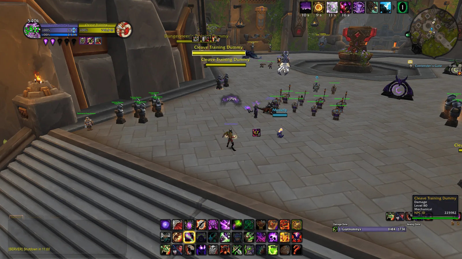A full game screen in a city with the Starter profile active: nameplates stay close to the default look.
