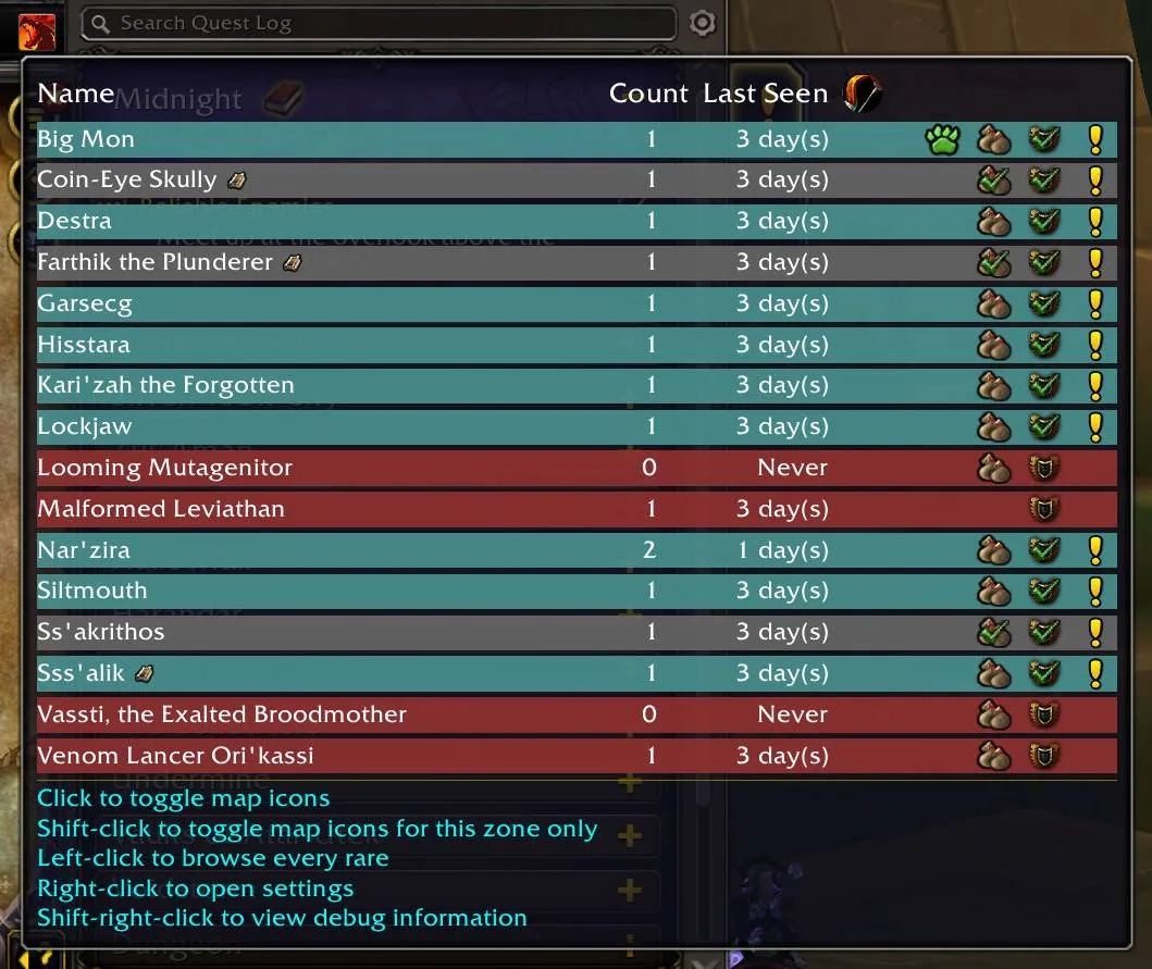 Minimap button tooltip listing the rares of the current zone with count and last seen time and the click hints