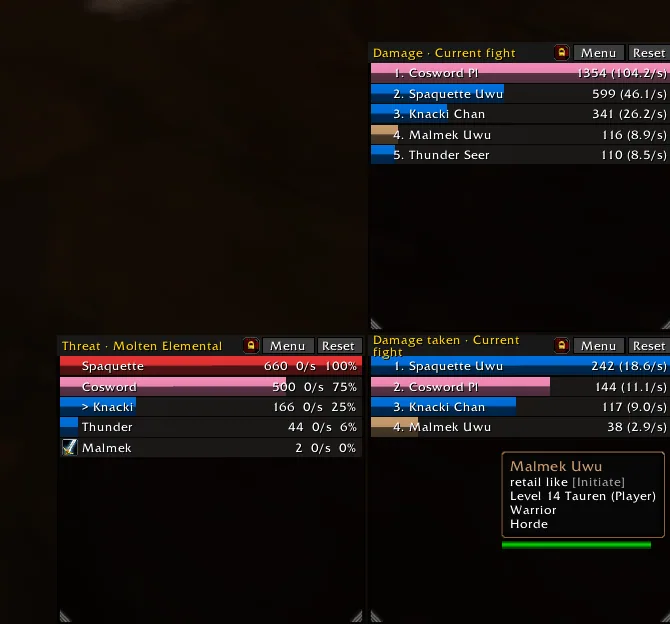 Three Forever Meter windows at once, showing damage done, threat against a Molten Elemental and damage taken
