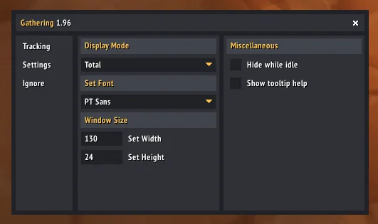 The Settings tab of Gathering with display mode, font, window size and options to hide the window while idle and show tooltip help.