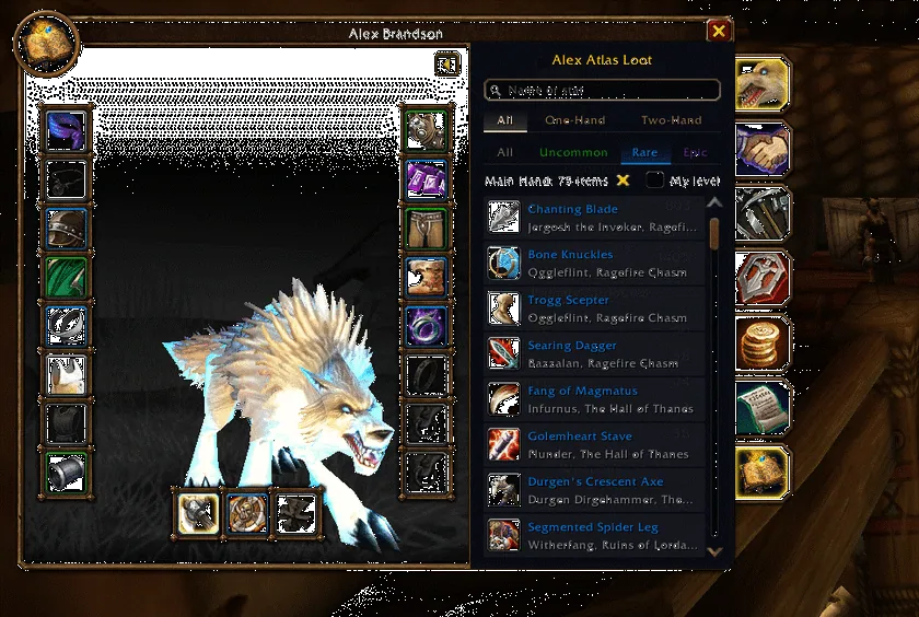 The gear finder in the Character window with the character model and equipment slots on the left and a searchable list of one-hand main hand weapons with the boss and dungeon of each on the right