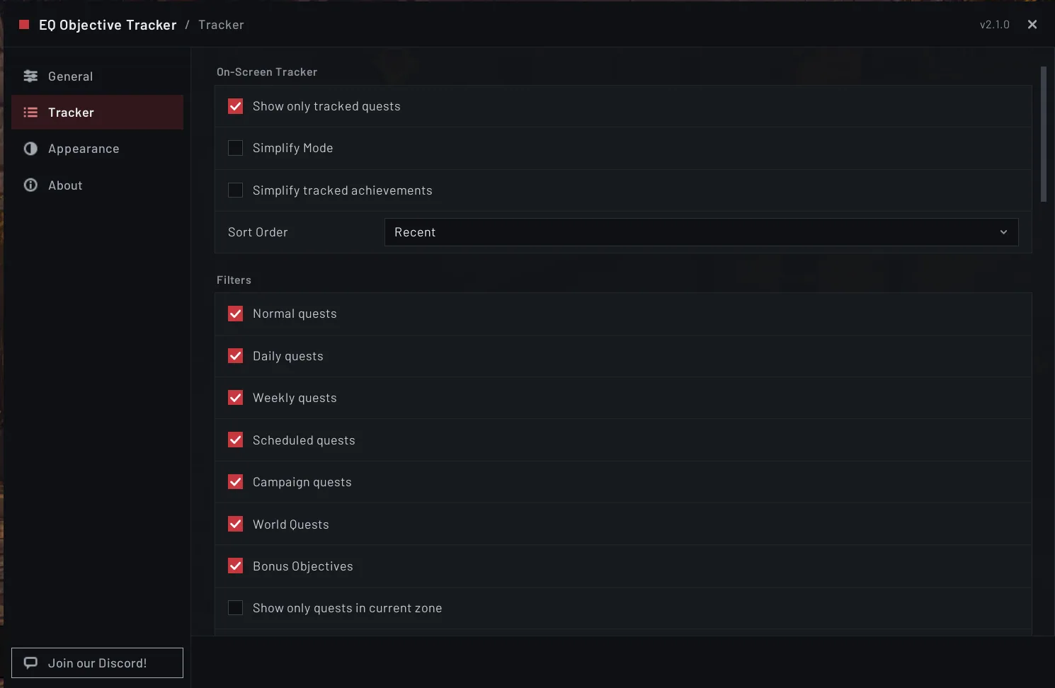 The Tracker tab of the options window.
