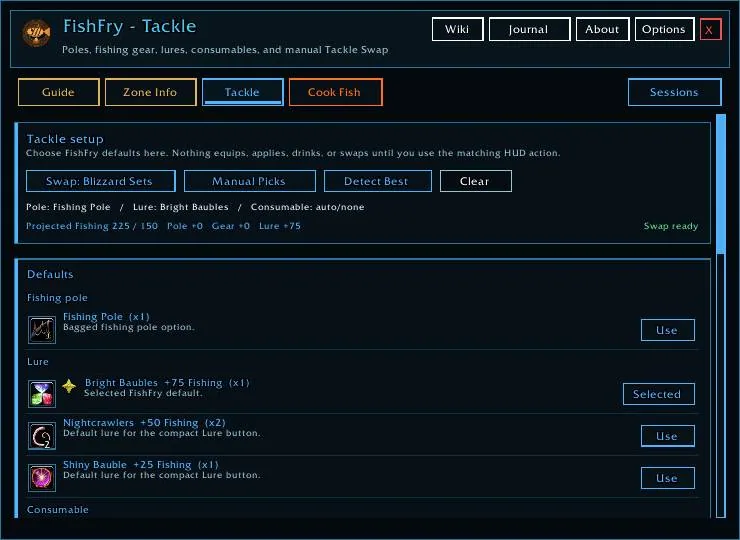 The FishFry Tackle page with default pole, lure and consumable choices and a projected fishing skill