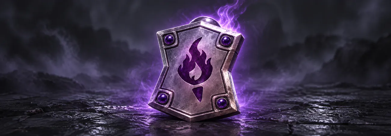 Hellfire Torch charm with four violet stones and a flame emblem standing on dark stone
