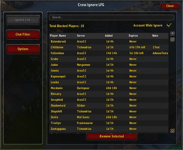 CrossIgnore Ignore List with Account Wide Ignore checked and eighteen blocked players