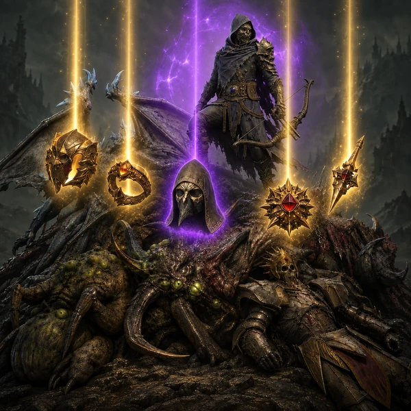 Diablo 4 hero above defeated bosses, surrounded by glowing loot