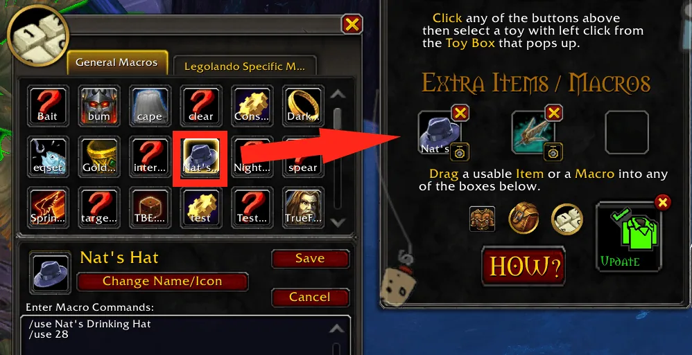 Adding a macro to the Extra Items and Macros boxes of Angleur by picking it from the macro window