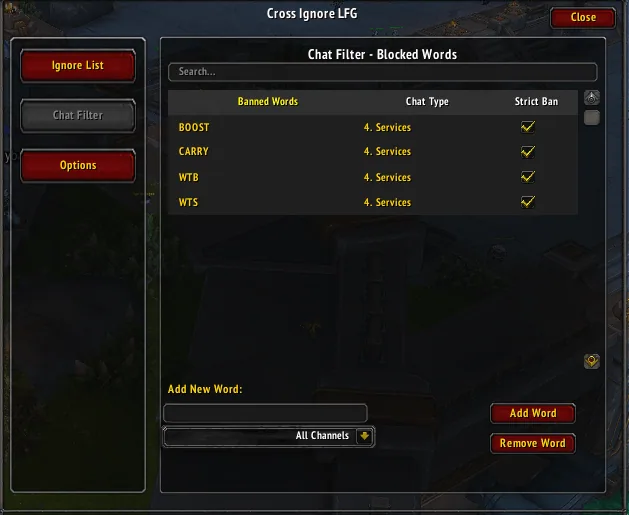 CrossIgnore Chat Filter tab listing blocked words such as BOOST and CARRY with chat type and strict ban checkboxes