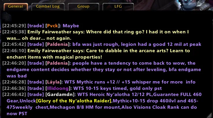 Chat window with timestamps, colored player names and extra spacing between chat lines