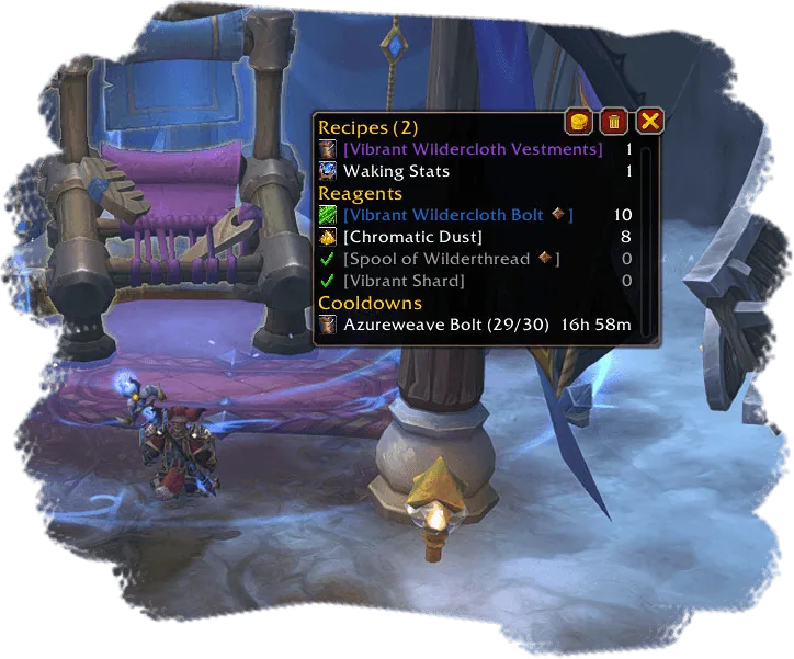 Tracking window listing the tracked recipes, the reagents with the amounts needed and a recipe cooldown timer