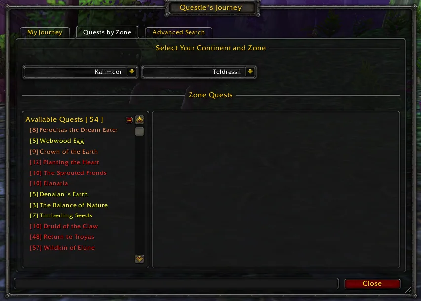 Quests by Zone window listing the available quests of Teldrassil