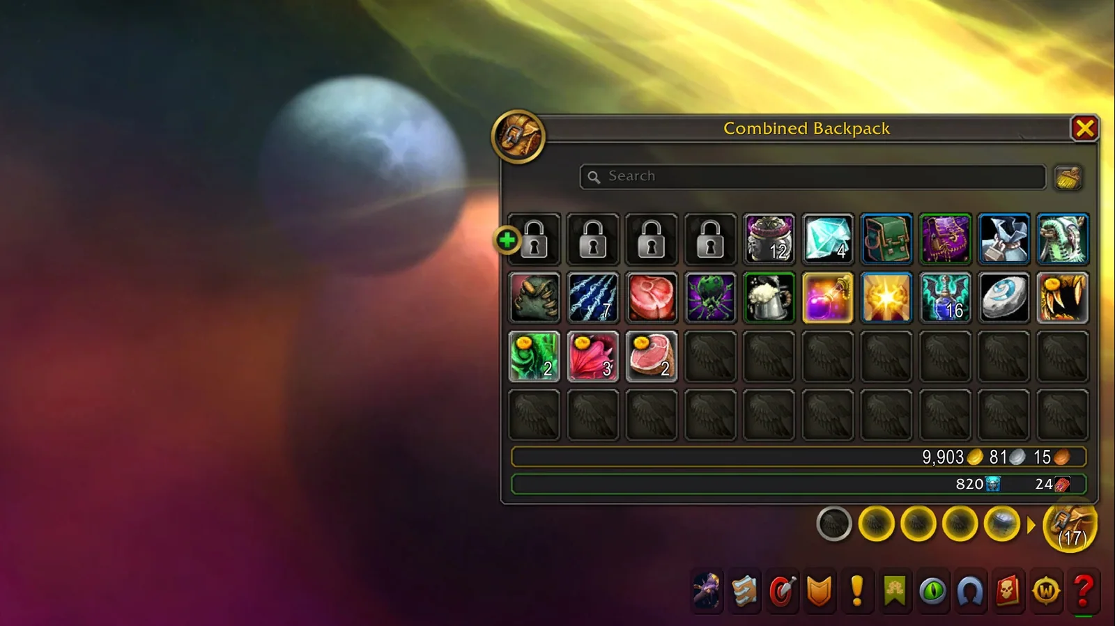 The default combined backpack with junk items marked by a coin icon