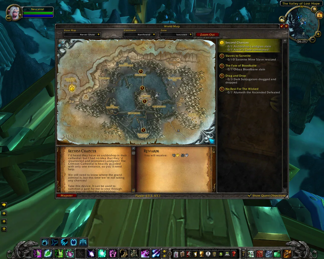 Mapster on the world map in an older game client: the map window with a Mapster button in the bottom left, player coordinates in the status bar and the quest list on the right.