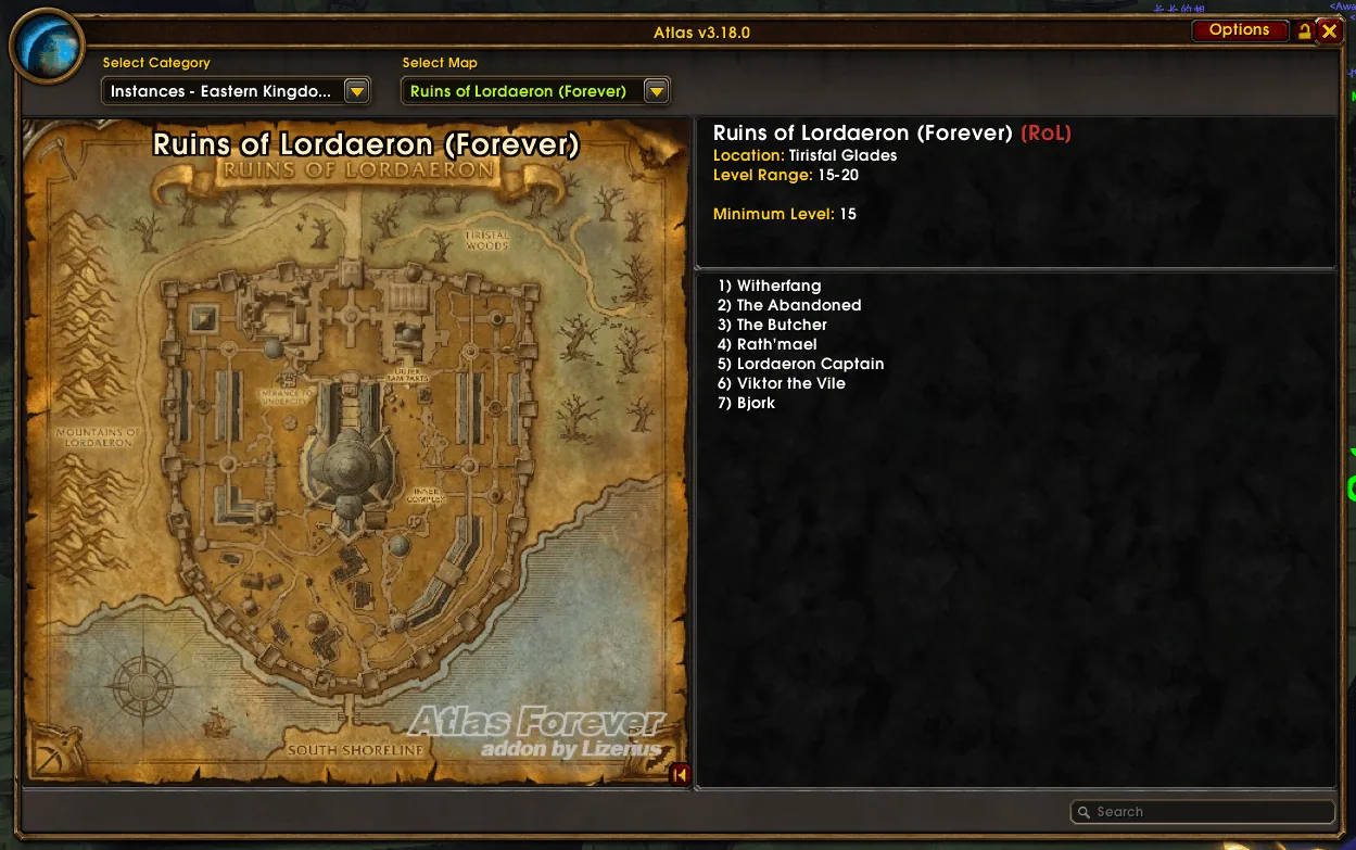 The Atlas window showing the map of Ruins of Lordaeron with its location, level range and a numbered boss list on the right