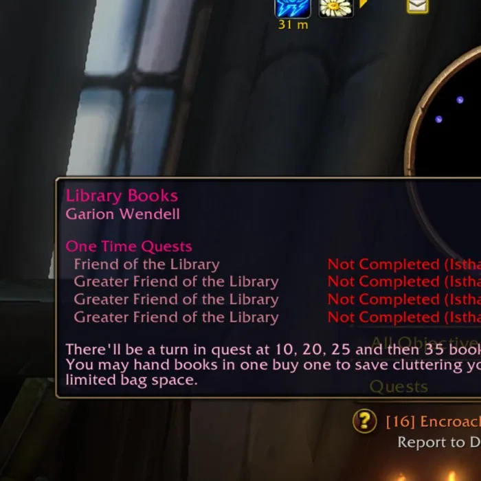 A tooltip for the librarian NPC listing the Friend of the Library turn-in quests and their status