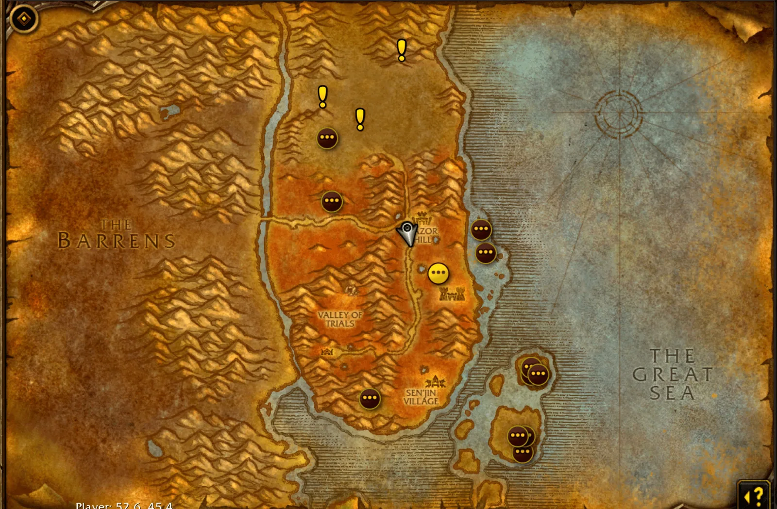 The world map of Durotar with yellow exclamation marks at quest start locations.