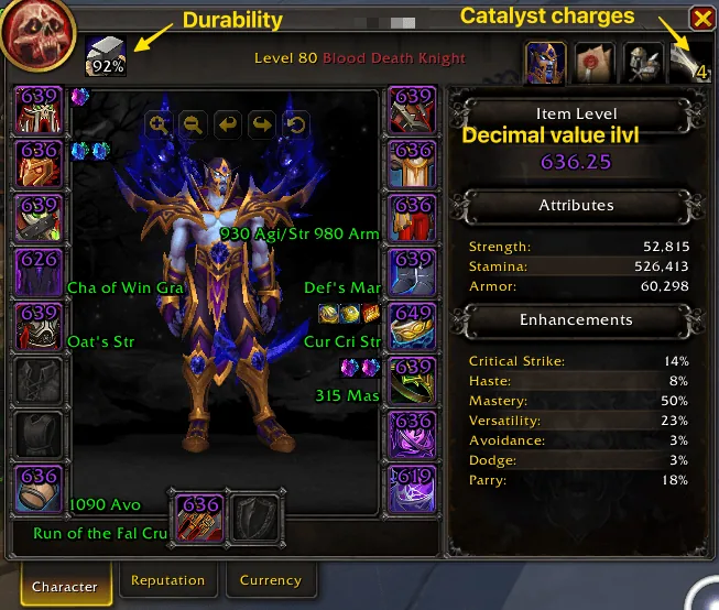 The character window with item level, gems, enchants and durability shown on the gear, and the item level with decimals.