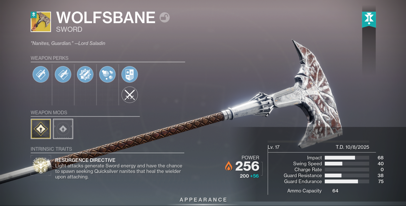 Destiny 2 Wolfsbane Exotic Sword