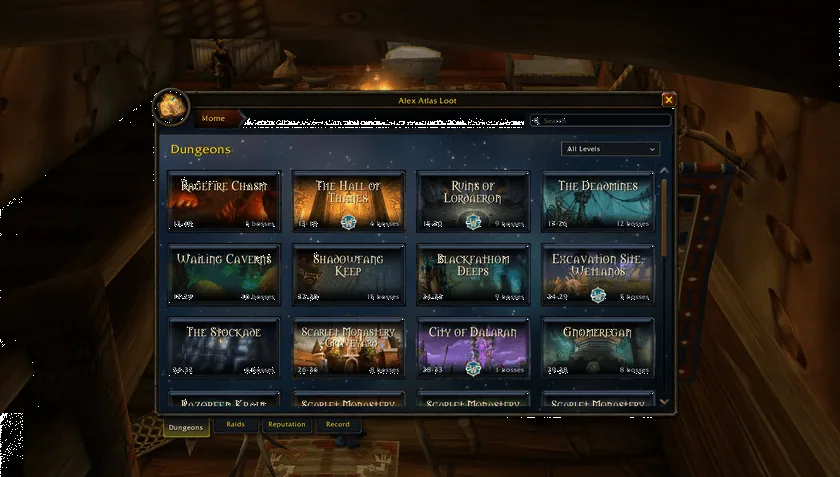 The Alex Atlas Loot window on the Dungeons tab, a grid of dungeon cards with level ranges and boss counts and tabs for Dungeons, Raids, Reputation and Record at the bottom