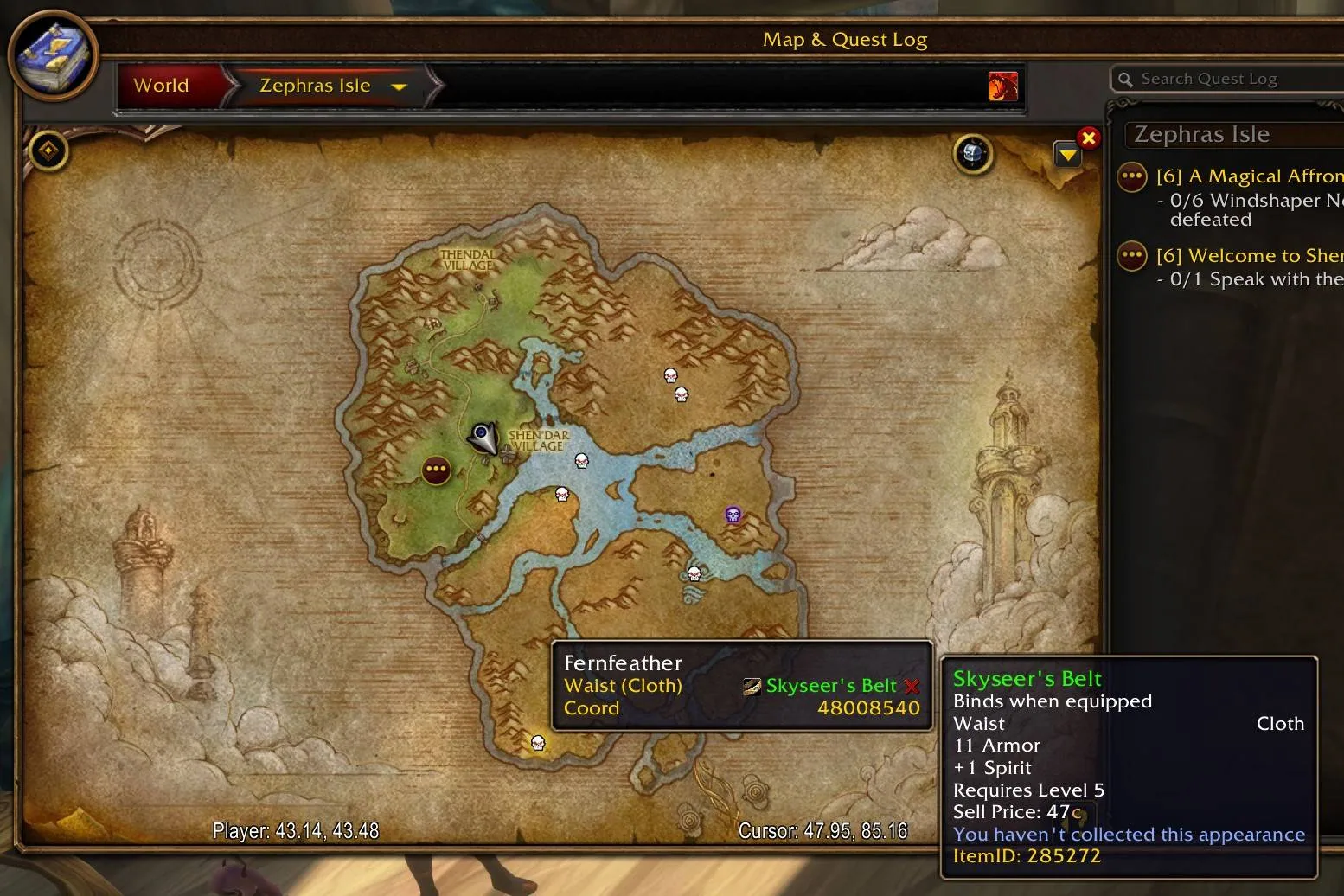 The Zephras Isle world map with skull markers for rares, a tooltip for the rare Fernfeather listing the drop Skyseer's Belt and the item tooltip beside it.