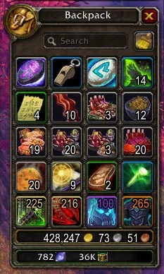 A bag window with item level numbers on the gear icons