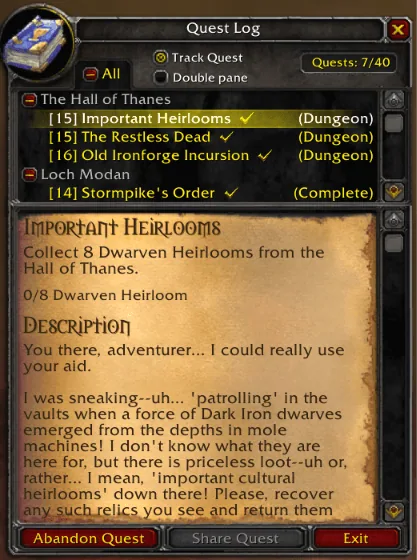 Classic quest log with a zone list on top and the quest text on parchment below, plus Abandon Quest, Share Quest and Exit buttons.