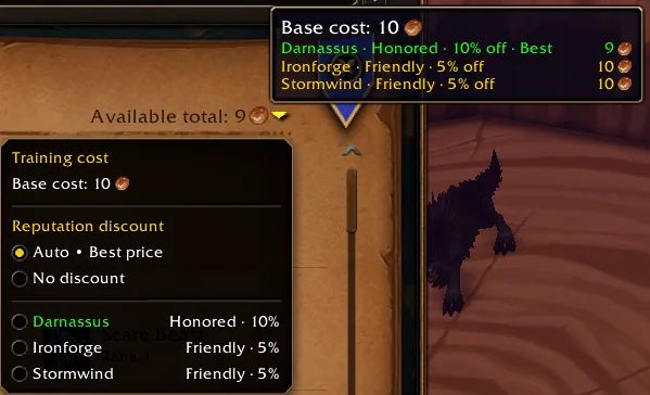 The training cost menu with Auto best price, No discount and one entry per city, next to the available total in the page header
