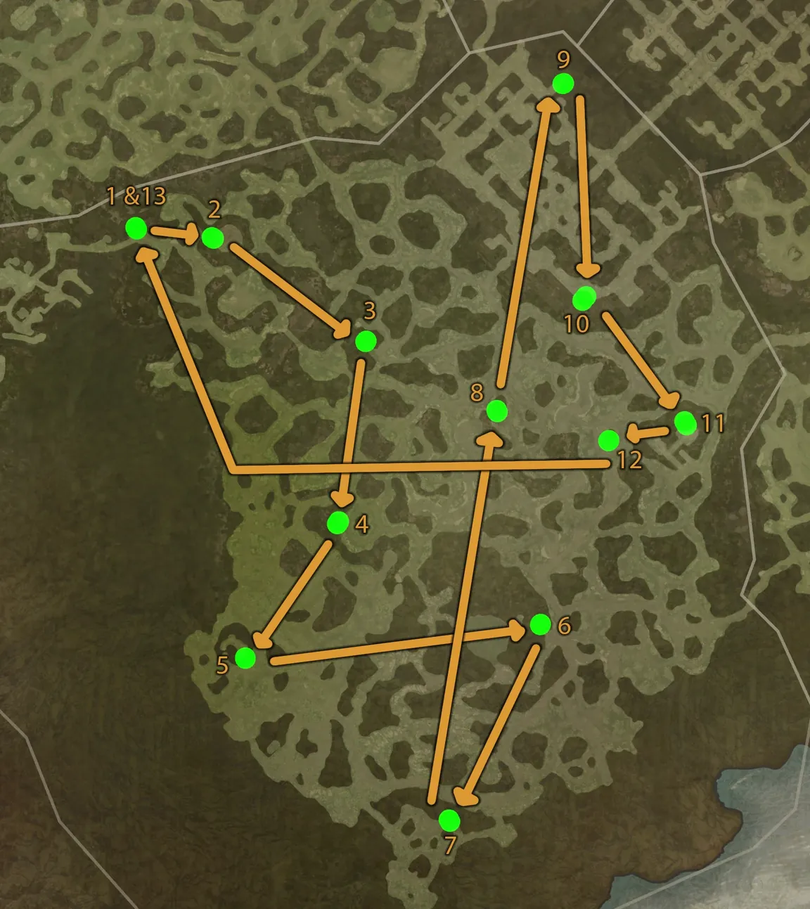 Diablo 4 map of Nahantu with 12 numbered green points joined by orange arrows, the start labelled 1&13