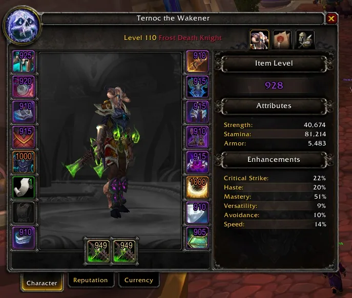 The character frame with an item level number on each gear slot and the total item level in the side panel