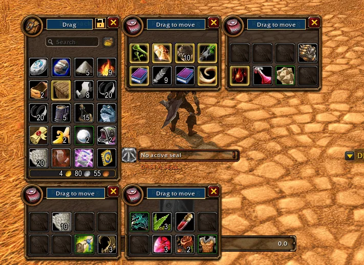 A combined backpack and four single bag windows arranged on screen, each with a Drag to move header.