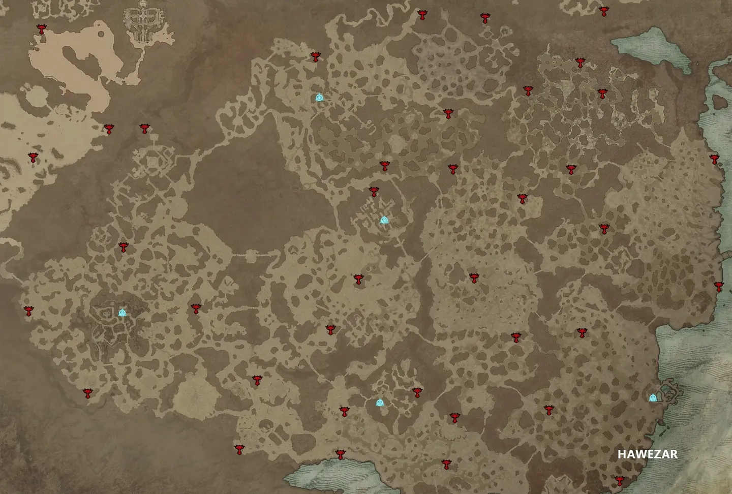 Karte von Hawezar in Diablo 4 mit roten Symbolen für alle Altäre von Lilith und blauen Symbolen für Wegpunkte