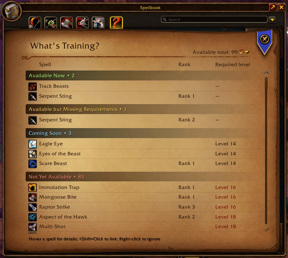 The spellbook with the What's Training tab for a Hunter, listing spells under Available Now, Available but Missing Requirements, Coming Soon and Not Yet Available