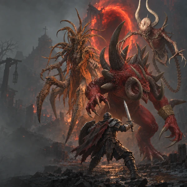 An armored adventurer fighting Diablo, Baal and Mephisto together in front of a red Tristram portal