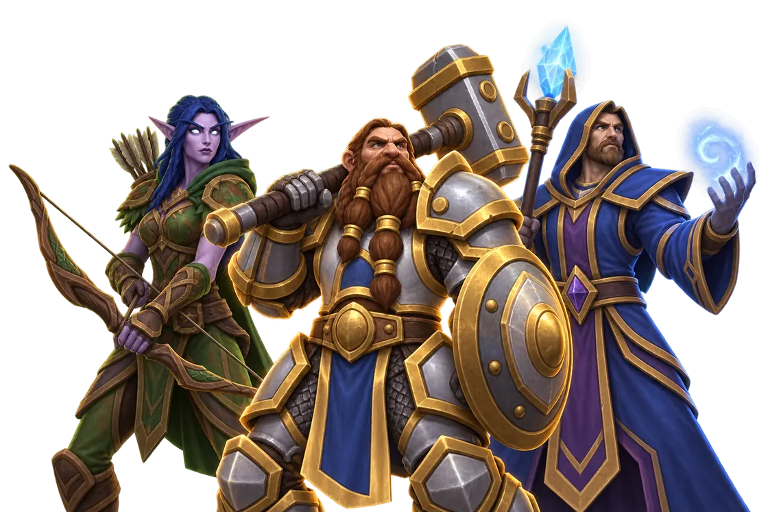 A party of three World of Warcraft adventurers: a dwarf paladin, a night elf hunter and a human mage